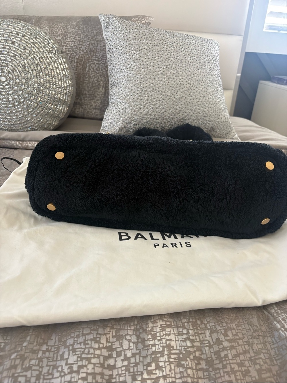 Balmain Black Faux Shearling Tote with Gold Chain Handles - Picture 7 of 8